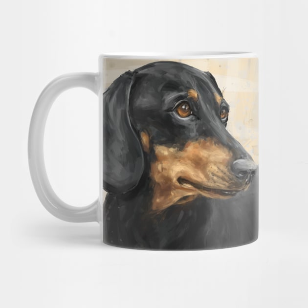 Painting of a Dachshund with Black and Gold Coat, on Beige Background by ibadishi